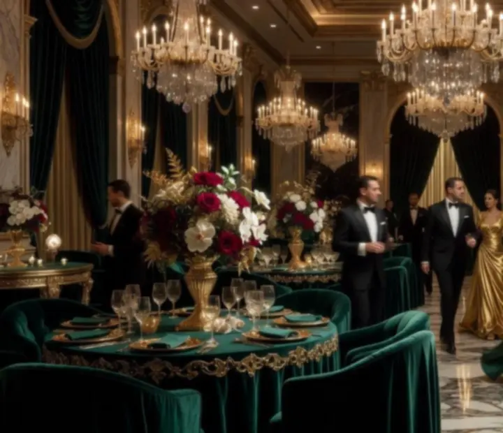 Elegáns, gyertyafényes bankett terem kristálycsillárokkal és luxus terítéssel