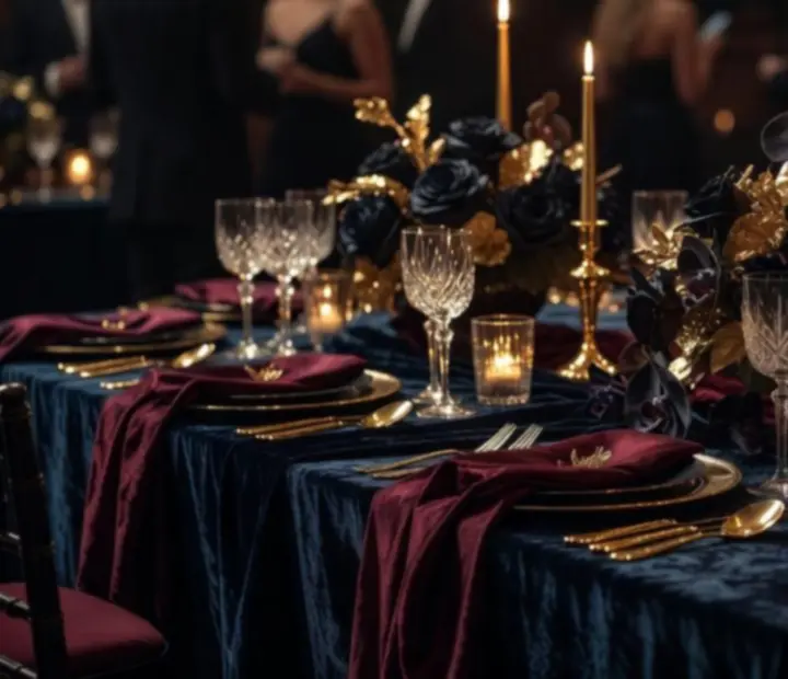 Elegáns teríték, kristálypoharak és arany részletek cinematikus megvilágításban a RoyalGatherinng egyik exkluzív eseményén