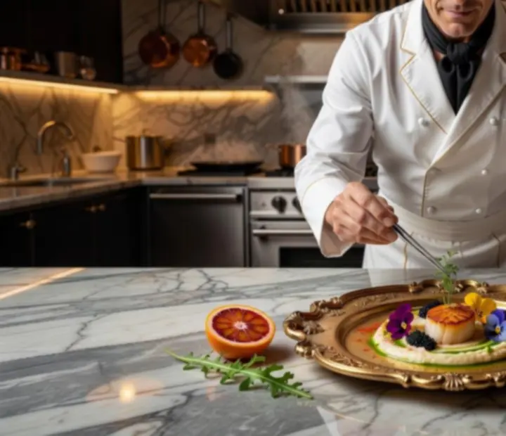 Séfünk elegánsan tálalt fine dining fogást készít a RoyalGatherinng konyhájában