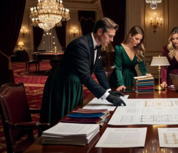 Professzionális rendezvényszervező csapat munka közben a RoyalGatherinng elegáns tárgyalótermében