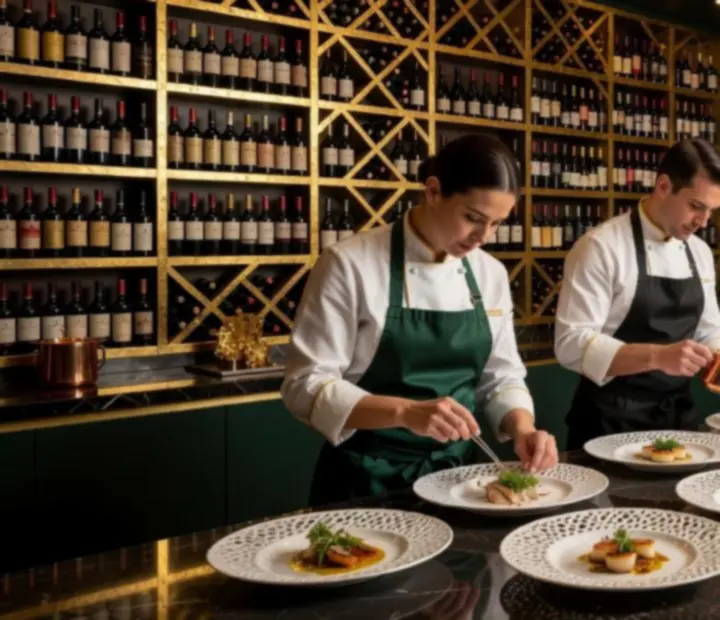 Gasztronómiai látványkonyha, gourmet séfekkel munka közben