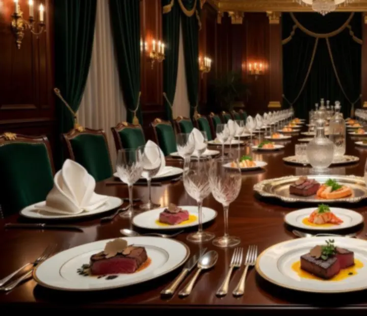 Fine dining fogások elegáns bankett asztalon, gyertyafénnyel és kristály poharakkal