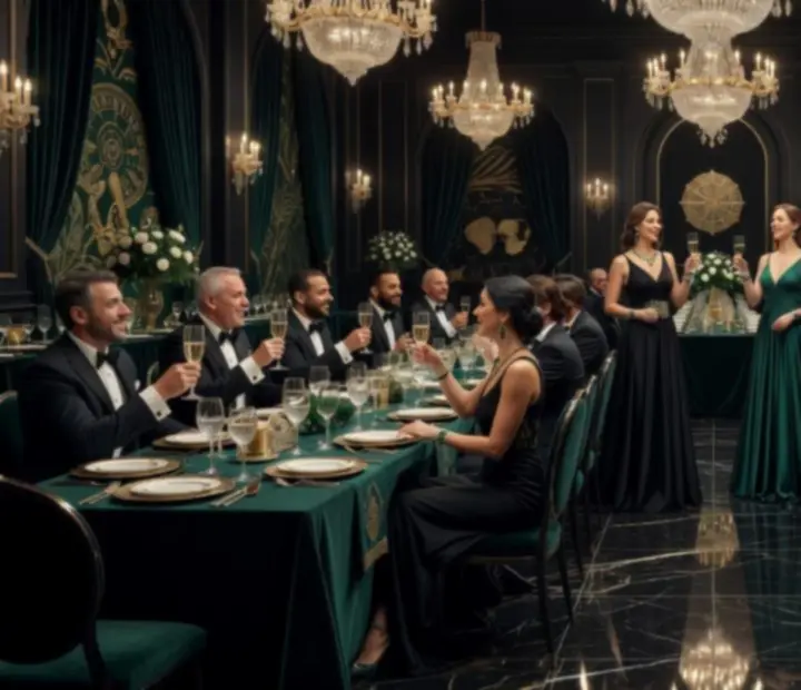 Fényűző, kaszinó ihlette bankettterem kristálycsillárokkal és elegáns terítéssel a RoyalGatherinngben.