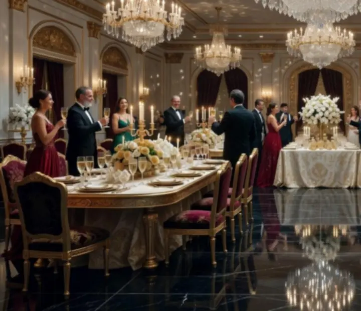 Cinematikus fényekben úszó luxus bankett terem elegáns asztalbeállításokkal