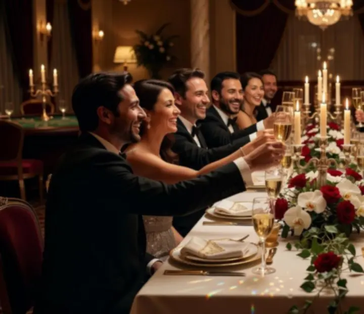 Elegáns vendégek pezsgővel, élő zene és hangulatos fények egy gálaesten a RoyalGatherinngben.
