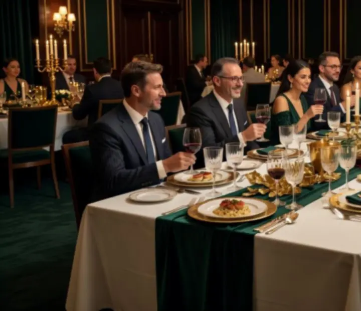 Elegáns vállalati vacsora hosszú asztalokkal és üzleti vendégekkel