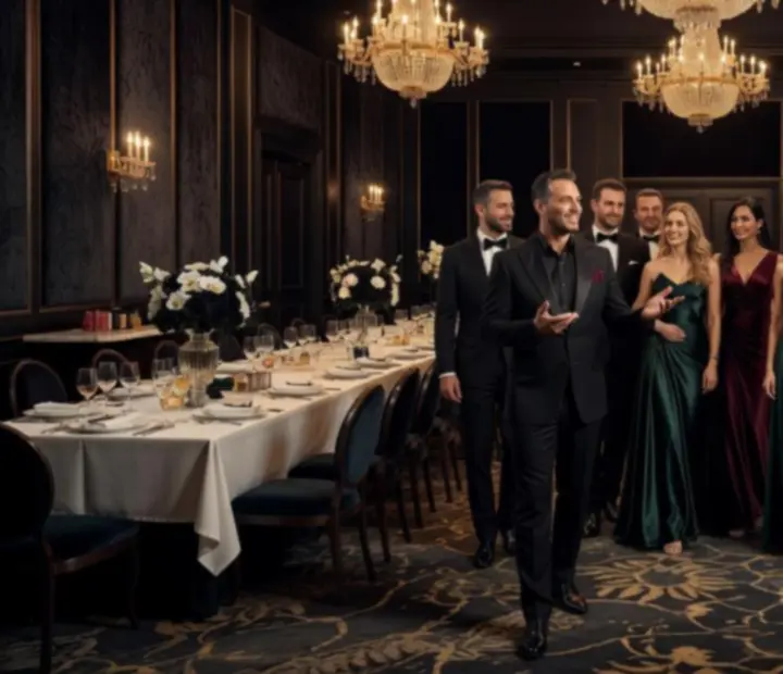 Elegáns helyszínbejárás, ahol egy rendezvényszervező bemutatja a RoyalGatherinng termeit